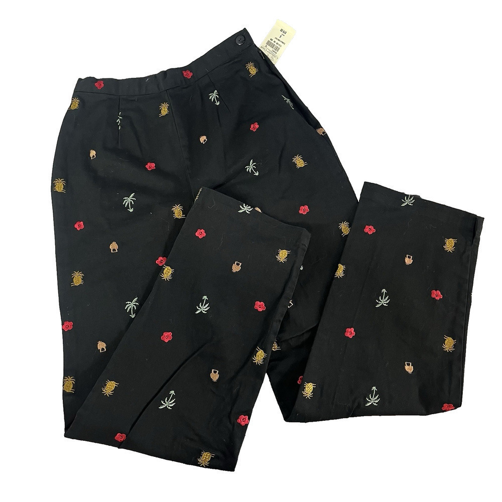Coldwater Creek Pants sz 6 Black Tropical Palm Trees Pineapples Flowers Stretch